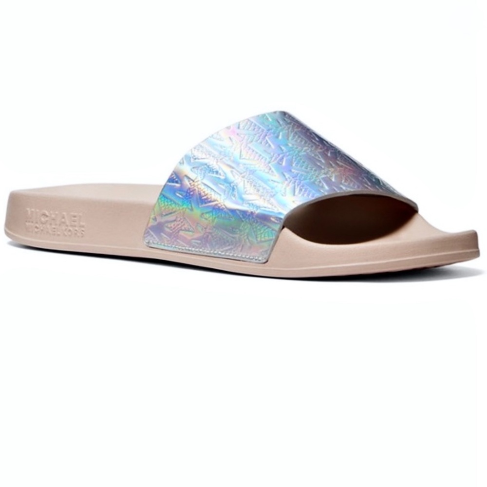 MICHAEL KORS Gilmore Debossed Iridescent Metallic Logo Slides